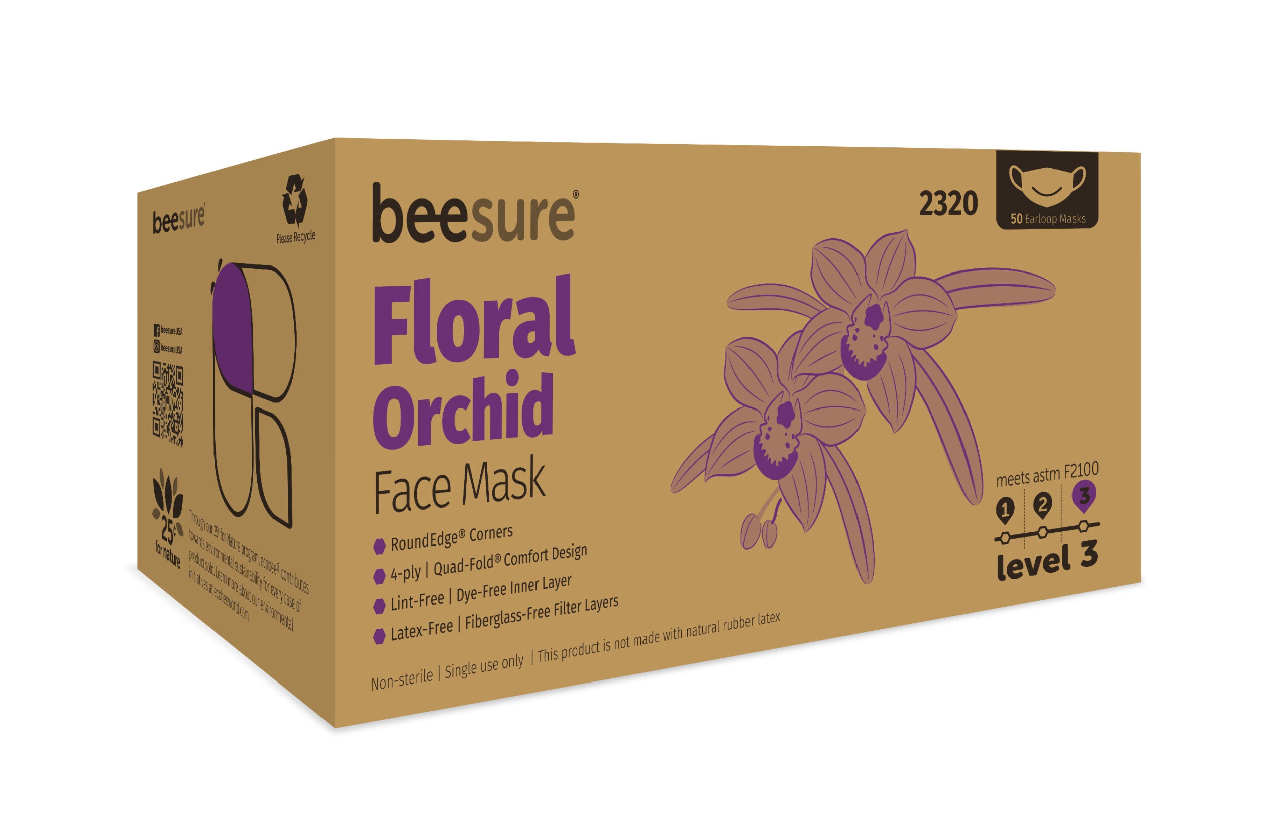 Cranberry 2320 BeeSure Earloop ASTM Level 2 Face Masks Orchid Floral Lavender Latex Free 50/Bx Cranberry 2320 BeeSure Earloop ASTM Level 2 Face Masks Orchid Floral Lavender Latex Free 50/Bx